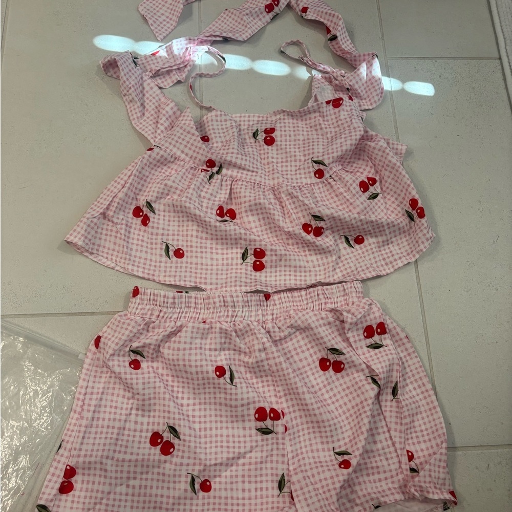 SHEIN Pink Cherry Print High Waist Shorts Set